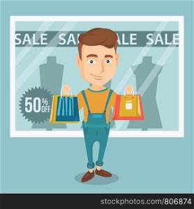 Caucasian man showing with shopping bags in front of shop window with sale sign. Man standing with shopping bags in front of shop window with text sale. Vector flat design illustration. Square layout.. Man shopping on sale vector illustration.
