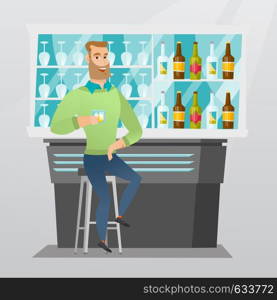 Caucasian man sitting at the bar counter. Young man sitting with a glass in the bar. Man sitting alone and celebrating with an alcohol drink in the bar. Vector flat design illustration. Square layout.. Caucasian man sitting at the bar counter.