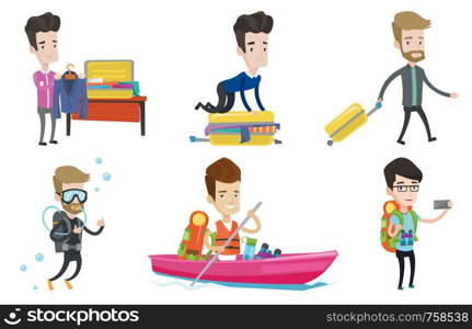 Caucasian man sitting on suitcase and trying to close it. Man packing his clothes in suitcase. Man preparing suitcase for vacation. Set of vector flat design illustrations isolated on white background. Vector set of traveling people.