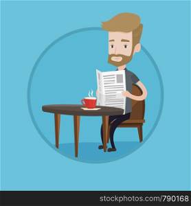 Caucasian man sitting with newspaper in hands and drinking coffee. Young hipster man with beard reading newspaper in a cafe. Vector flat design illustration in the circle isolated on background.. Man reading newspaper and drinking coffee.