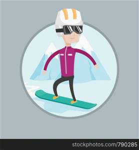 Caucasian man snowboarding on the background of mountain. Snowboarder on piste in mountains. Man snowboarding in the mountains. Vector flat design illustration in the circle isolated on background.. Young man snowboarding vector illustration.