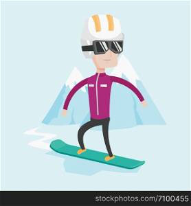 Caucasian man snowboarding on the background of snow capped mountain. Snowboarder on piste in mountains. Young man snowboarding in the mountains. Vector flat design illustration. Square layout.. Young man snowboarding vector illustration.