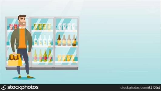 Caucasian man standing in alcohol store with pack of beer on the background of refrigerator. Man buying beer. Beer lover holding pack with bottles. Vector flat design illustration. Horizontal layout.. Man with pack of beer at supermarket.
