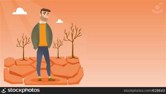 Caucasian man standing in the desert. Frustrated young man standing on cracked earth in the desert. Concept of climate change and global warming. Vector flat design illustration. Horizontal layout.. Sad man in the desert vector illustration.