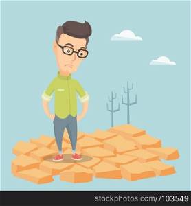 Caucasian man standing in the desert. Frustrated young man standing on cracked earth in the desert. Concept of climate change and global warming. Vector flat design illustration. Square layout.. Sad man in the desert vector illustration.