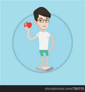 Caucasian man standing on scales with an apple in hand. Man satisfied with result of his diet. Joyful man on diet. Dieting concept. Vector flat design illustration in the circle isolated on background. Man standing on scale and holding apple in hand.