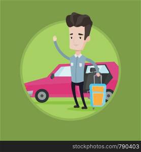 Caucasian man standing on the background of car and waving. Cheerful man traveling by car. Young man going to vacation by car. Vector flat design illustration in the circle isolated on background.. Caucasian man traveling by car vector illustration