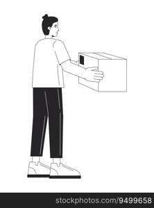 Caucasian man taking parcel flat line black white vector character. Editable outline full body person. Express delivery simple cartoon isolated spot illustration for web graphic design. Caucasian man taking parcel flat line black white vector character