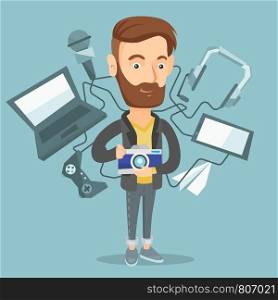 Caucasian man taking photo with digital camera. Young man surrounded with gadgets. Man using many electronic gadgets. Man addicted to modern gadgets. Vector flat design illustration. Square layout.. Young man surrounded with his gadgets.