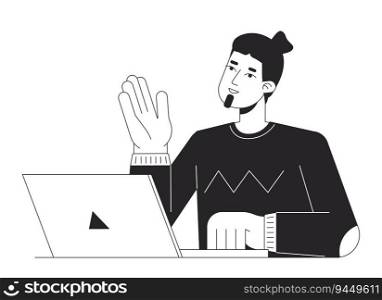 Caucasian man talking with laptop flat line black white vector character. Editable outline half body person. Virtual meeting simple cartoon isolated spot illustration for web graphic design. Caucasian man talking with laptop flat line black white vector character