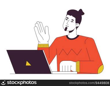 Caucasian man talking with laptop flat line color vector character. Editable outline half body person on white. Participate in virtual meeting simple cartoon spot illustration for web graphic design. Caucasian man talking with laptop flat line color vector character
