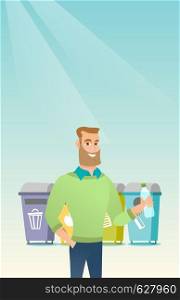 Caucasian man throwing away garbage. Young man standing near four bins and throwing away garbage in an appropriate bin. Concept of garbage separation. Vector flat design illustration. Vertical layout.. Man throwing away plastic bottle.