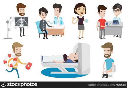 Caucasian man undergoes a magnetic resonance imaging scan test. Magnetic resonance imaging machine scanning patient in hospital. Set of vector flat design illustrations isolated on white background.. Vector set of doctor characters and patients.