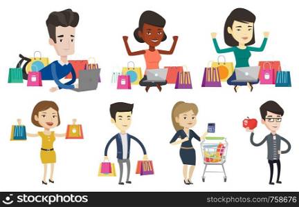 Caucasian man using laptop for online shopping. Man lying with laptop and making online shopping order. Man doing online shopping. Set of vector flat design illustrations isolated on white background.. Vector set of shopping people characters.