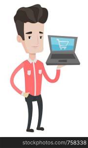 Caucasian man using laptop for shopping online. Male customer holding laptop with shopping trolley on a screen. Man doing online shopping. Vector flat design illustration isolated on white background.. Man shopping online vector illustration.