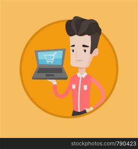 Caucasian man using laptop for shopping online. Man holding laptop with shopping trolley on a screen. Man doing online shopping. Vector flat design illustration in the circle isolated on background.. Man shopping online vector illustration.