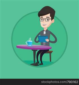 Caucasian man using tablet computer and surfing in social network. Man rewriting in social network. Social network concept. Vector flat design illustration in the circle isolated on background. Man surfing in the social network in cafe.