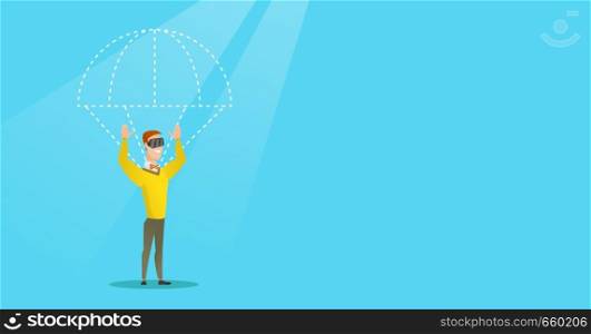 Caucasian man wearing virtual reality glasses and flying with a parachute. Young excited man in vr headset having fun while flying in virtual reality. Vector cartoon illustration. Horizontal layout.. Caucasian man in vr headset flying with parachute.