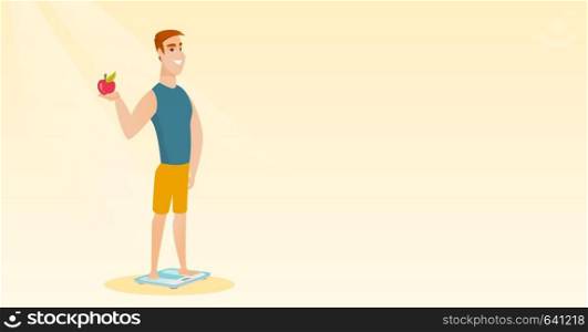 Caucasian man with apple in hand weighing after diet. Man satisfied with the result of diet. Man on a diet. Dieting and healthy lifestyle concept. Vector flat design illustration. Horizontal layout.. Man standing on scale and holding apple in hand.
