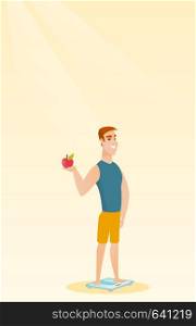 Caucasian man with apple in hand weighing after diet. Man satisfied with the result of diet. Man on a diet. Dieting and healthy lifestyle concept. Vector flat design illustration. Vertical layout.. Man standing on scale and holding apple in hand.