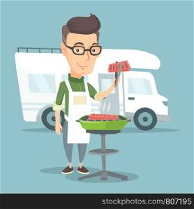 Caucasian man with cooking meat on barbecue on the background of camper van. Young man travelling by camper van and having barbecue party. Vector flat design illustration. Square layout.. Man having barbecue in front of camper van.