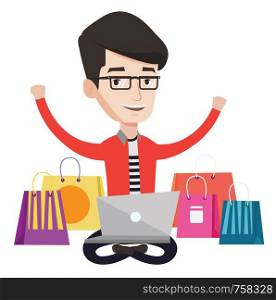 Caucasian man with hands up using laptop for shopping online. Customer sitting with shopping bags around him. Man doing online shopping. Vector flat design illustration isolated on white background.. Man shopping online vector illustration.