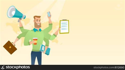 Caucasian man with many legs and hands coping with multitasking. Businessman doing multiple tasks. Multitasking business man. Multitasking concept. Vector flat design illustration. Horizontal layout.. Man coping with multitasking vector illustration.