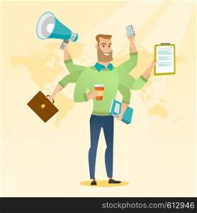 Caucasian man with many legs and hands coping with multitasking. Businessman doing multiple tasks. Multitasking business person. Multitasking concept. Vector flat design illustration. Square layout.. Man coping with multitasking vector illustration.