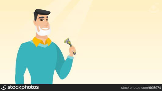 Caucasian man with shaving cream on face and razor in hand. Man shaving face. Young man prepping face for daily shaving. Concept of daily hygiene. Vector flat design illustration. Horizontal layout.. Man shaving his face vector illustration.