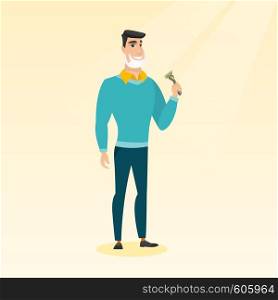 Caucasian man with shaving cream on his face and razor in hand. Man shaving face. Young man prepping face for daily shaving. Concept of daily hygiene. Vector flat design illustration. Square layout.. Man shaving his face vector illustration.