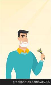 Caucasian man with shaving cream on his face and razor in hand. Man shaving face. Young man prepping face for daily shaving. Concept of daily hygiene. Vector flat design illustration. Vertical layout.. Man shaving his face vector illustration.
