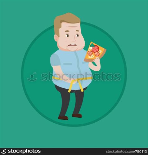Caucasian man with slice of pizza measuring waistline with tape. Overweight man measuring with tape the abdomen and eating pizza. Vector flat design illustration in the circle isolated on background.. Man measuring waist vector illustration.