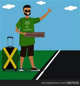 Caucasian man with suitcase hitchhiking.Cartoon happpy male with sign anywhere catching a taxi car by waving hand.Isolated on white background,Vector illustration. Caucasian man with suitcase hitchhiking