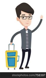 Caucasian man with suitcase hitchhiking. Hitchhiking man trying to stop a car on a highway. Young man catching taxi car by waving hand. Vector flat design illustration isolated on white background.. Young man hitchhiking vector illustration.