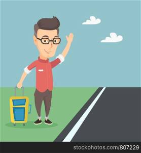 Caucasian man with suitcase hitchhiking on the roadside. Hitchhiking man trying to stop a car on a highway. Man catching a taxi car by waving his hand. Vector flat design illustration. Square layout.. Young man hitchhiking vector illustration.