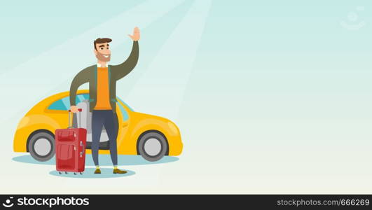 Caucasian man with suitcase standing on the background of car with open door. Young man waving in front of car. Cheerful man going on vacation by car. Vector cartoon illustration. Horizontal layout.. Young caucasian man waving in front of car.