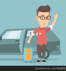 Caucasian man with suitcase standing on the background of open car door. Man traveling by car. Man waving in front of car. Man going to vacation by car. Vector flat design illustration. Square layout.. Caucasian man traveling by car vector illustration