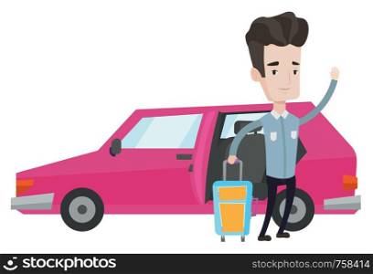 Caucasian man with suitcase traveling by car. Happy traveller waving in front of a car. Cheerful traveller going to vacation by car. Vector flat design illustration isolated on white background.. Caucasian man traveling by car vector illustration