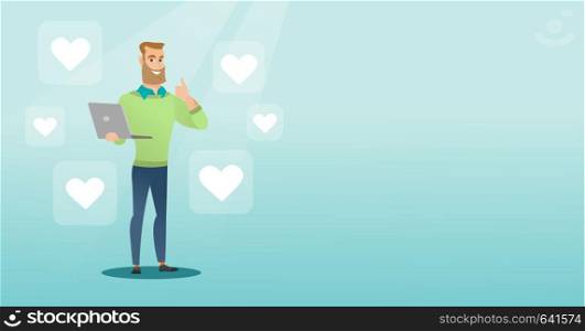 Caucasian man with thumb up standing around buttons of social media in the shape of heart. Hipster man with beard using laptop with heart icons. Vector flat design illustration. Horizontal layout.. Man with laptop and heart icons.