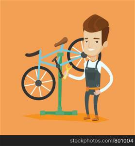 Caucasian man working in bike workshop. Technician fixing bicycle in repair shop. Bicycle mechanic repairing bicycle. Man installing spare part bike. Vector flat design illustration. Square layout.. Caucasian bicycle mechanic working in repair shop.