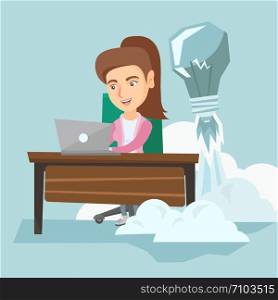 Caucasian manager working on a laptop in office while lightbulb taking off behind her back. Manager having business idea. Successful business idea concept. Vector cartoon illustration. Square layout.. Caucasian manager working on a new business idea.