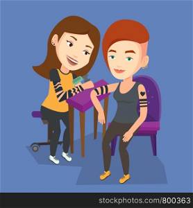 Caucasian master tattoo artist makes tattoo on the hand of young woman. Tattooist makes a tattoo to female client. Vector flat design illustration. Square layout.. Tattoo artist at work vector illustration.
