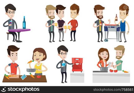 Caucasian men toasting and clinking glasses of beer. Young men clanging glasses of beer. Group of friends drinking beer at pub. Set of vector flat design illustrations isolated on white background.. Vector set of people eating and drinking.