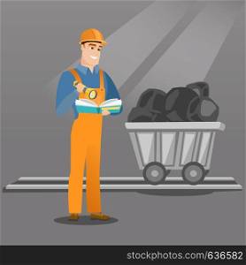 Caucasian miner checking documents with the flashlight on the background of trolley with coal. Mine worker in hard hat. Miner working in the coal mine. Vector flat design illustration. Square layout.. Miner checking documents vector illustration.
