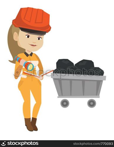 Caucasian miner checking documents with the flashlight on the background of trolley with coal. Miner in hard hat at work in the coal mine. Vector flat design illustration isolated on white background.. Miner checking documents vector illustration.