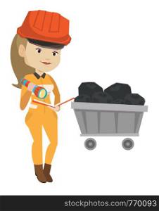 Caucasian miner checking documents with the flashlight on the background of trolley with coal. Miner in hard hat at work in the coal mine. Vector flat design illustration isolated on white background.. Miner checking documents vector illustration.