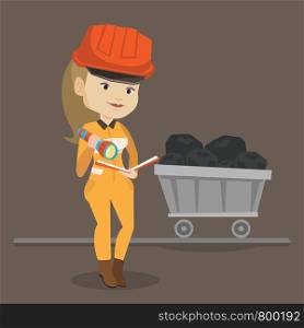 Caucasian miner checking documents with the flashlight on the background of trolley with coal. Mine worker in hard hat. Female miner in the coal mine. Vector flat design illustration. Square layout.. Miner checking documents vector illustration.