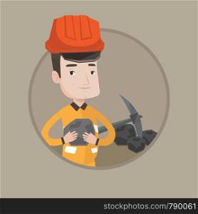 Caucasian miner in hard hat holding coal in hands. Miner with a pickaxe. Man working at coal mine. Young happy miner at work. Vector flat design illustration in the circle isolated on background.. Miner holding coal in hands vector illustration.