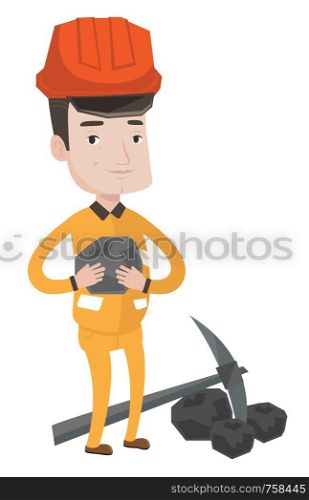 Caucasian miner in hard hat holding coal in the hands. Miner with a pickaxe. Miner working at coal mine. Young happy miner at work. Vector flat design illustration isolated on white background.. Miner holding coal in hands vector illustration.