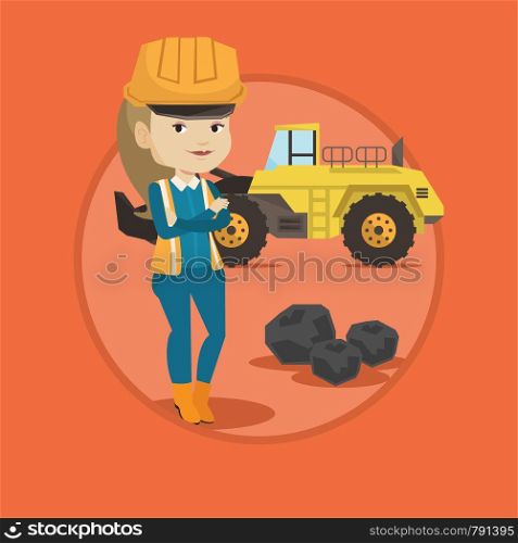 Caucasian miner in hard hat standing on the background of a big excavator. Confident miner with crossed arms standing near coal. Vector flat design illustration in the circle isolated on background.. Miner with a big excavator on background.
